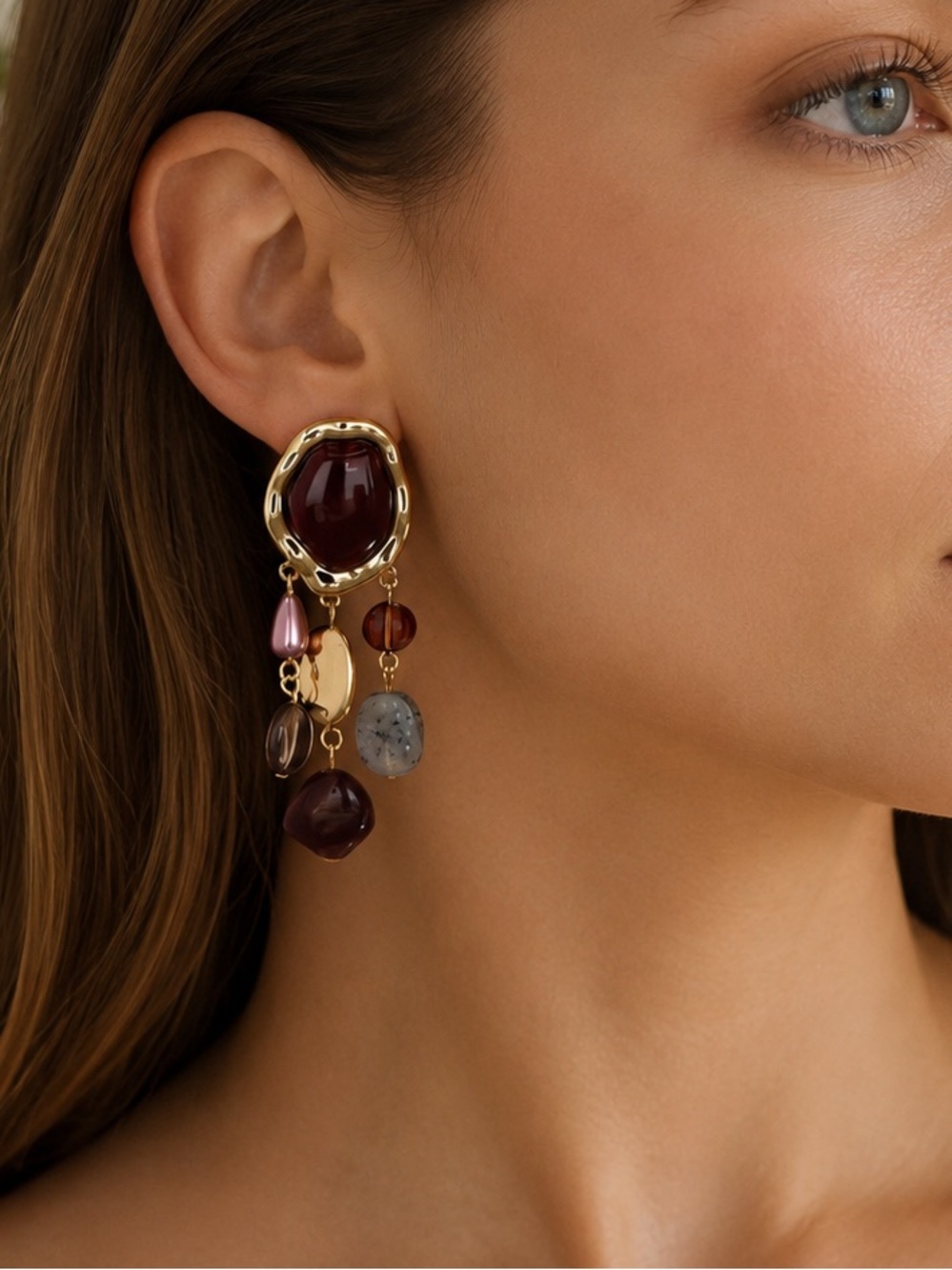 Gold Brown Multi-Bead Drop women Earrings